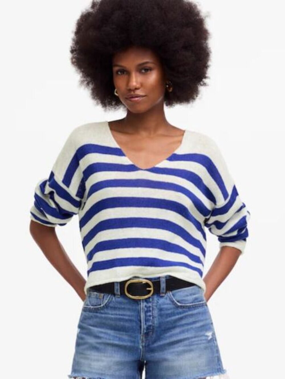 Madewell Linen V-Neck Sweater NWT Sapphire Stripe Size Large